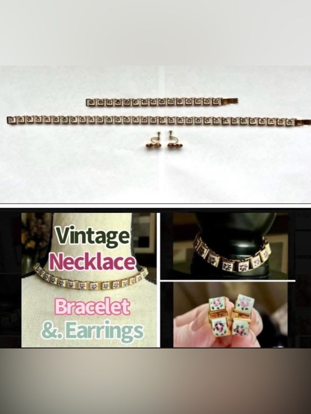Jewelry (3pc) set, vintage, enamel GP floral